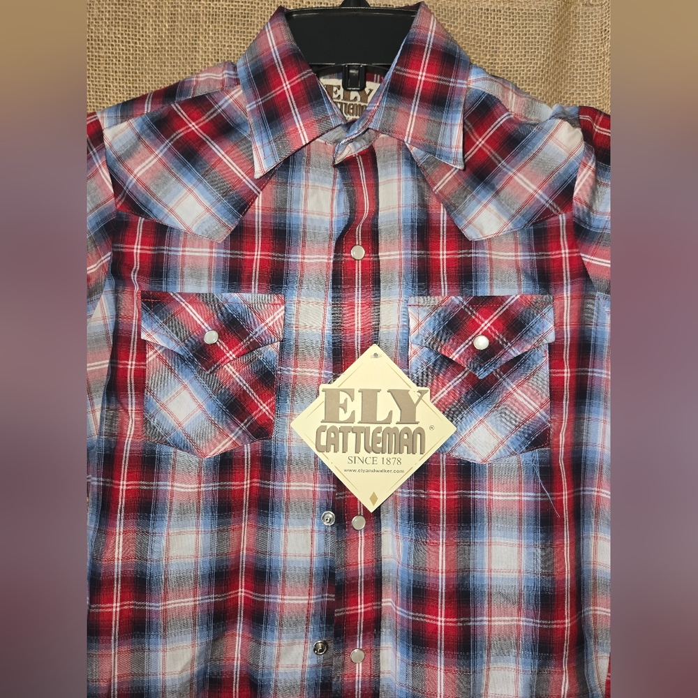 NWT Boy's Ely Cattleman Multicolor Plaid Shirt Size 12 Red White Blue - Picture 6 of 10